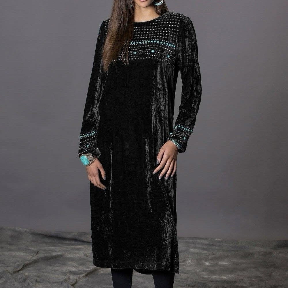 DOUBLE D RANCH Black Velvet Studded Concho Turquoise Silk Blend Western Dress M